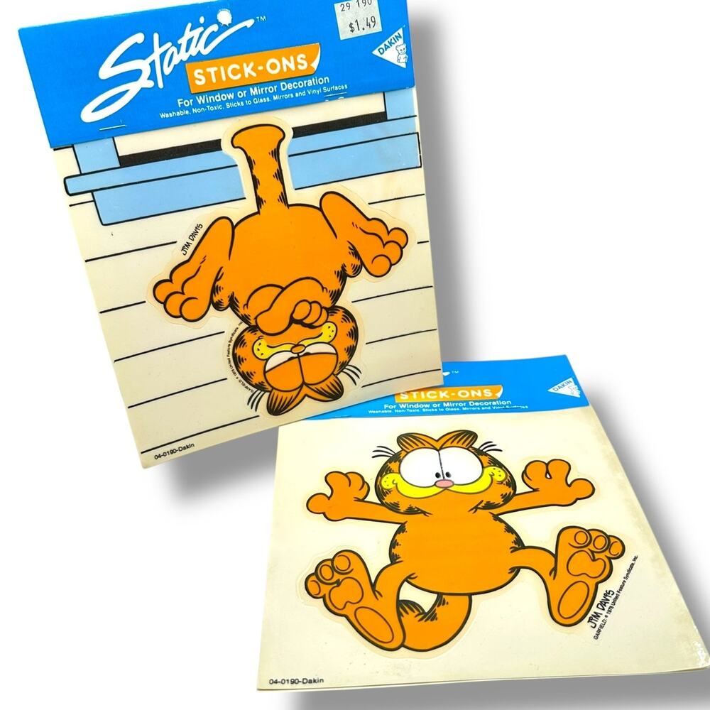 Garfield Vintage Hanging On Static Window Stick-On  Dankin x2